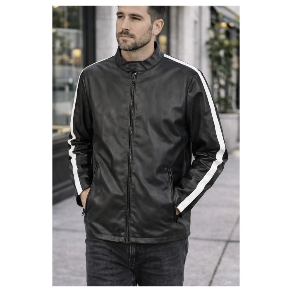 DKNY NWT Men’s Black Faux Leather Moto Jacket White Sleeve Stripes Size L